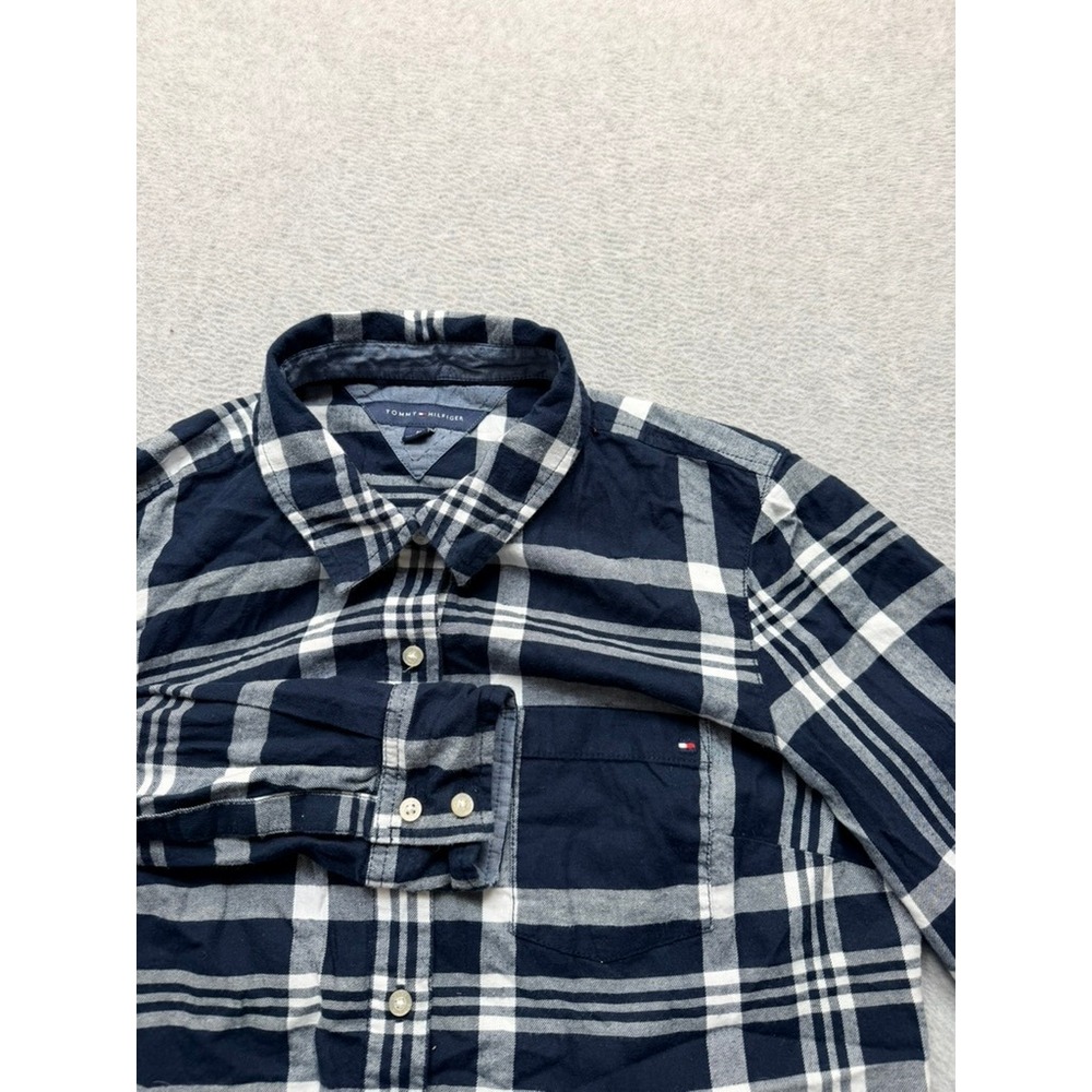 Tommy Hilfiger Mens Navy Blue White Plaid Long Sleeve Button Down Shirt m